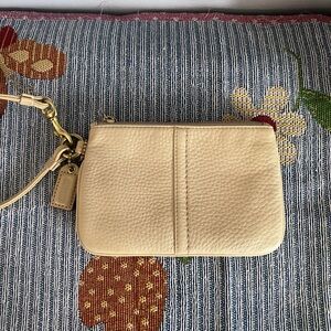 Coach Cream Pebbled Leather Wristlet with Gold-Tone Hardware